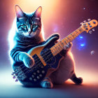 Stylized cat playing electric guitar against cosmic backdrop