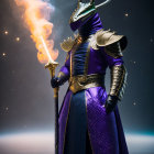 Regal armored dragon wields glowing sword in cosmic setting