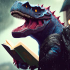 Blue dinosaur reading book in rain under umbrella with person