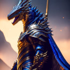 Blue-scaled dragon in golden armor with gleaming spikes and expansive wings