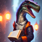 Dinosaur-like creature with backpack and book in glowing cityscape