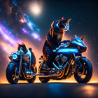 Three cats with glowing blue eyes on motorcycles under starry night sky