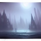 Mystical futuristic city with towering spires under starry sky