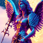 Majestic winged female warrior in intricate armor with spiked mace under dramatic sky