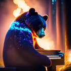 Bear with fiery cosmic aura at piano in mystical forest