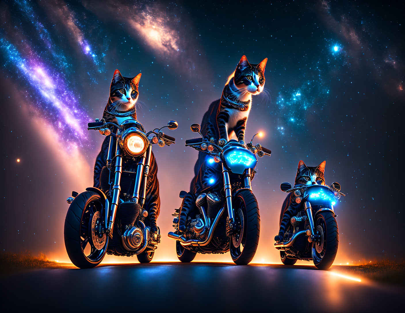 Three cats with glowing blue eyes on motorcycles under starry night sky