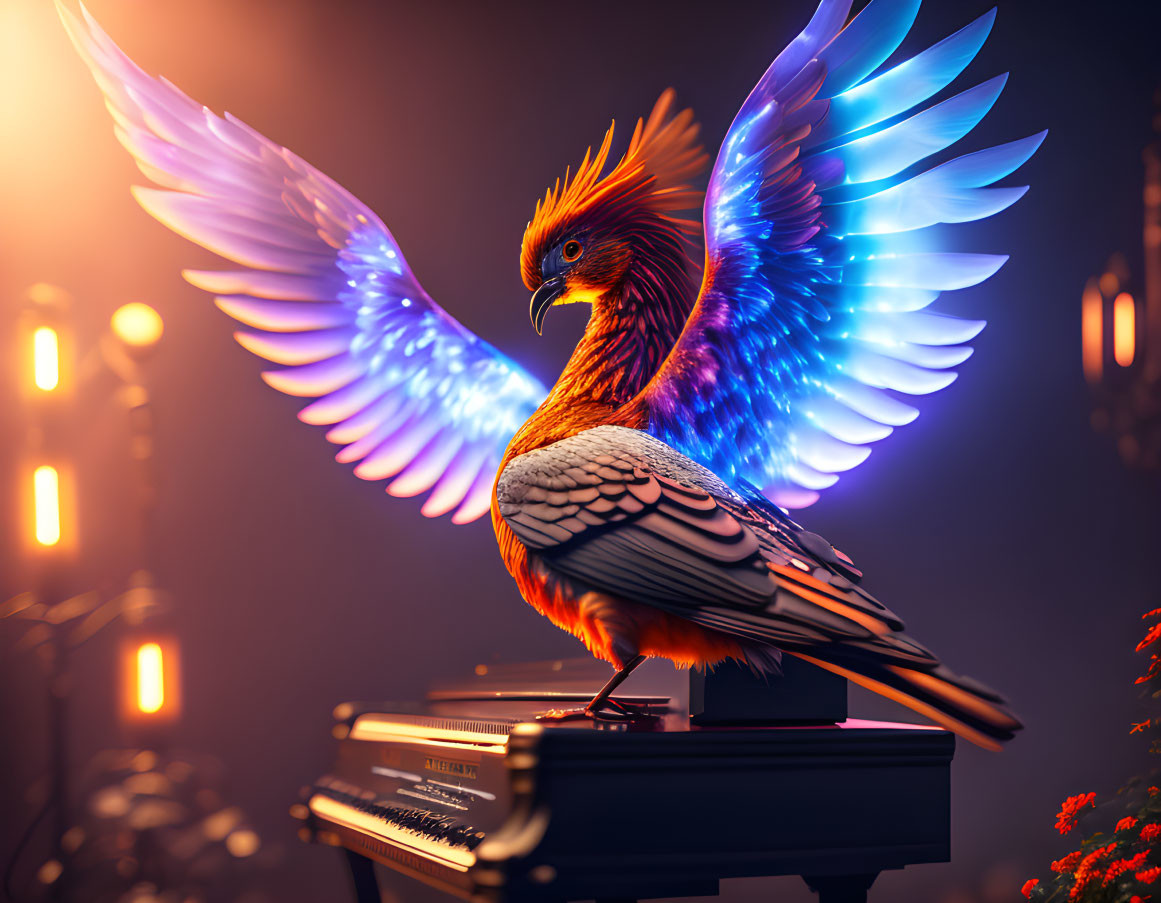 Colorful bird with glowing blue wings on piano in moody setting