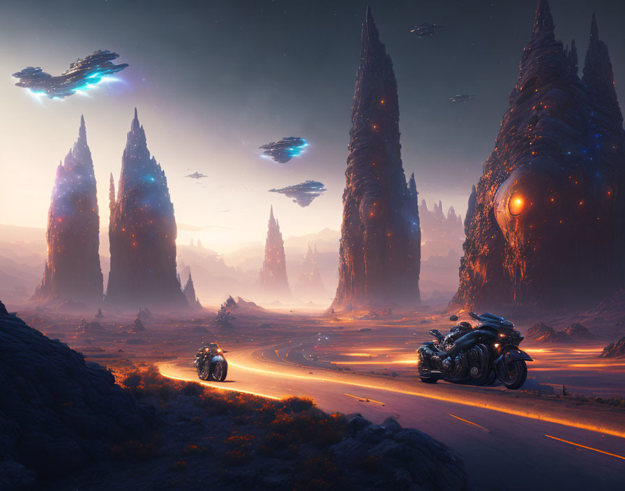 Motorcycles journey on road amid rock formations and futuristic sky.