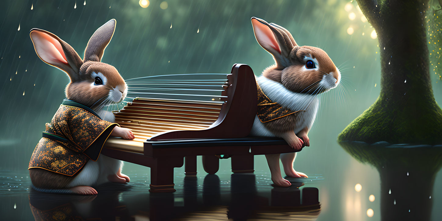 Anthropomorphized rabbits in elaborate attire by wooden bench in mystical forest.