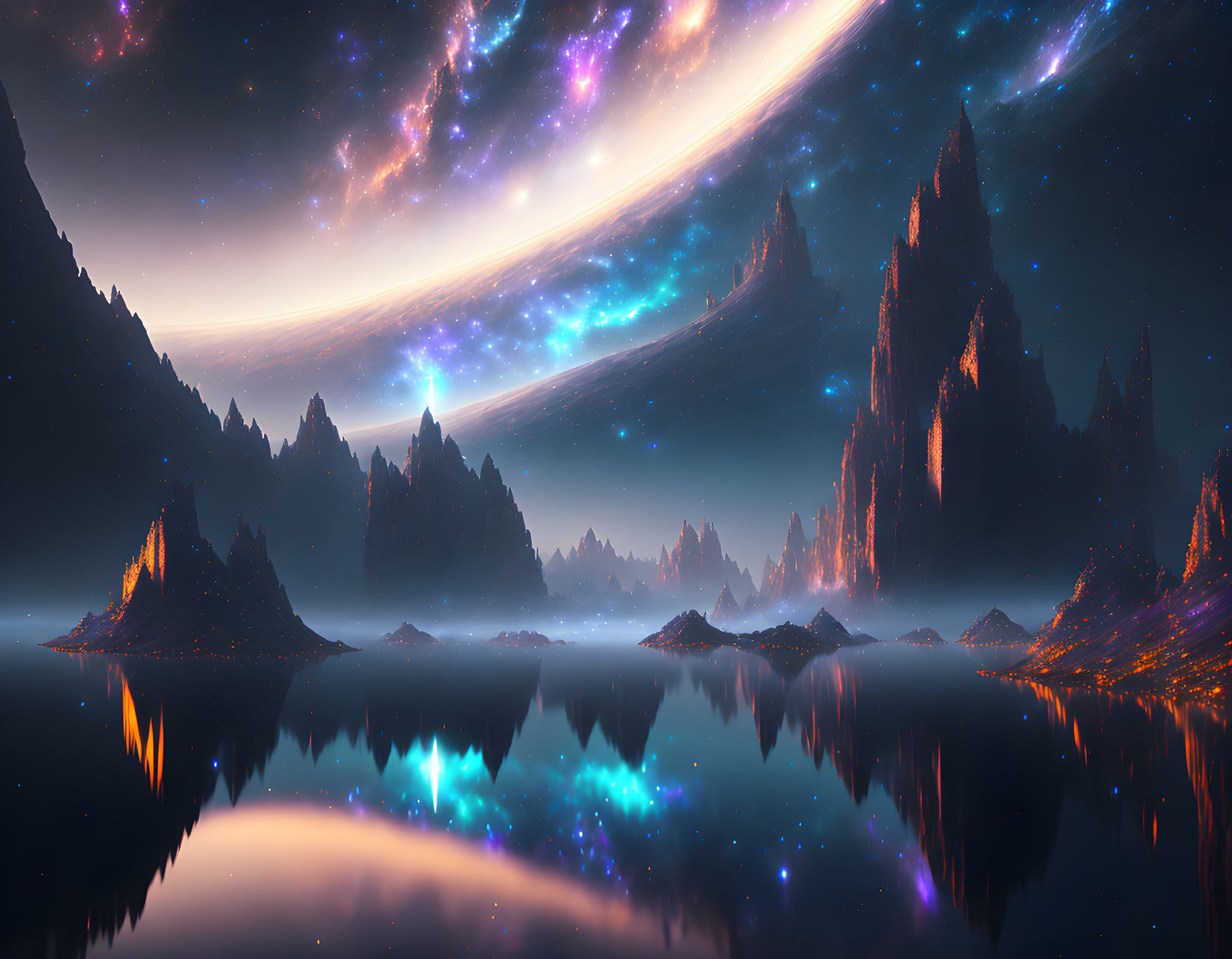 Fantasy landscape with illuminated mountains and starry sky.