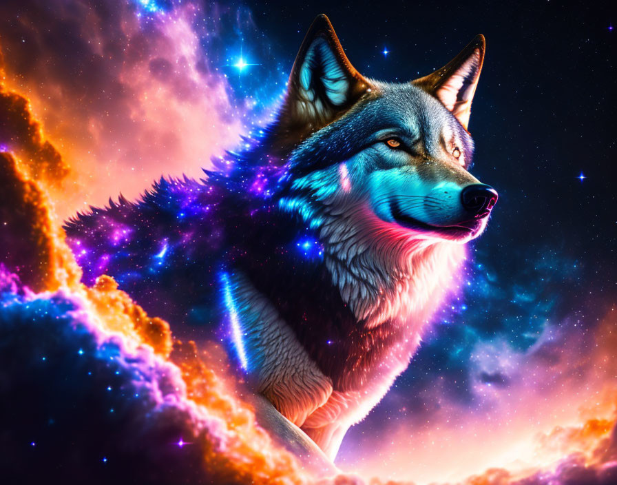 Colorful Wolf Illustration with Cosmic Background in Blues, Oranges, and Purples