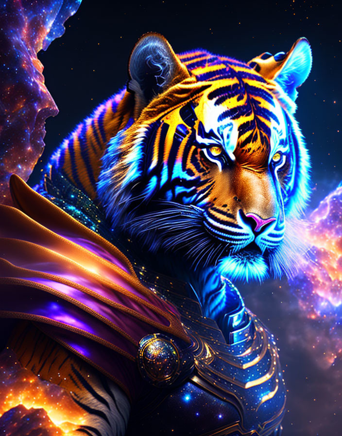 Colorful Tiger Artwork with Cosmic Patterns and Fantasy Armor Against Starry Space Background