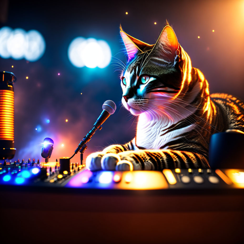 Cat with headphones at mixing board and mic in cityscape night scene