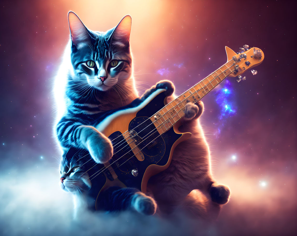 Stylized cat playing electric guitar against cosmic backdrop