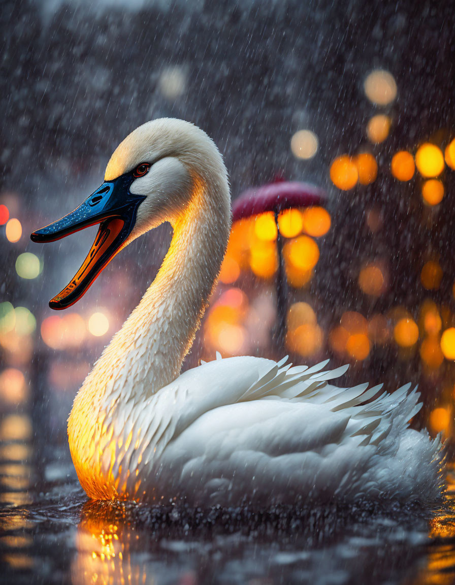 Swan in Rainy Dusk with Glowing Bokeh Lights