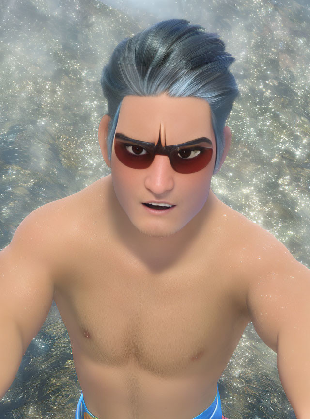 Shirtless Male Character with Gray Hair and Red Sunglasses on Gold Background