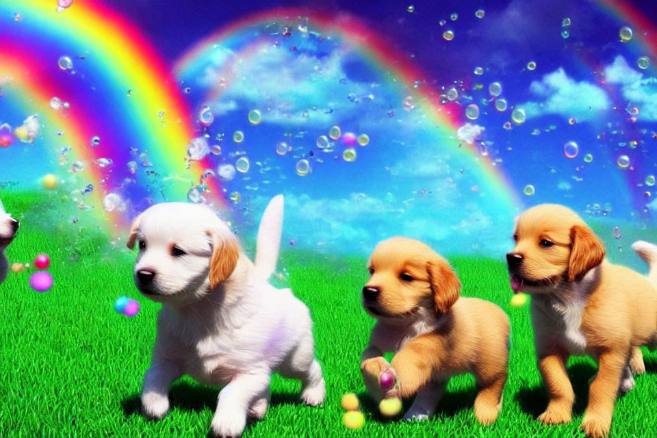 Three playful puppies on vibrant green field with rainbows and soap bubbles