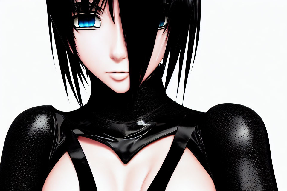 Digital Artwork: Female Character with Blue Eyes and Black Outfit