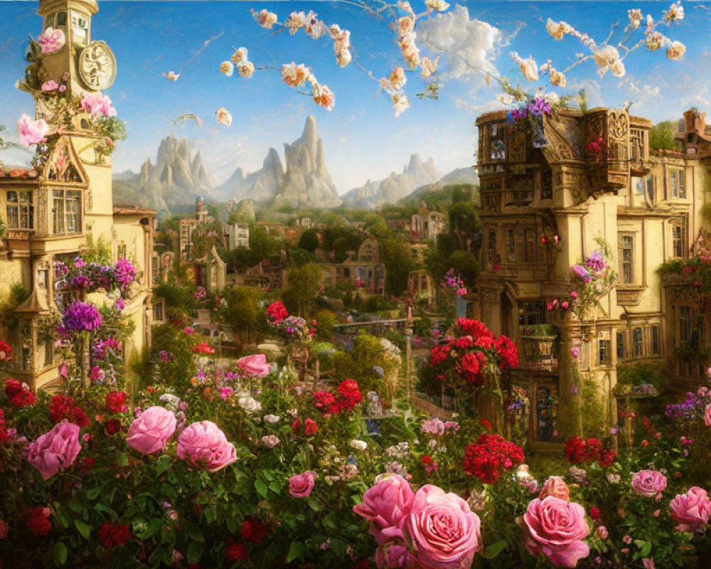 Fantastical cityscape with rose gardens, clock tower, floating islands, and mountains.