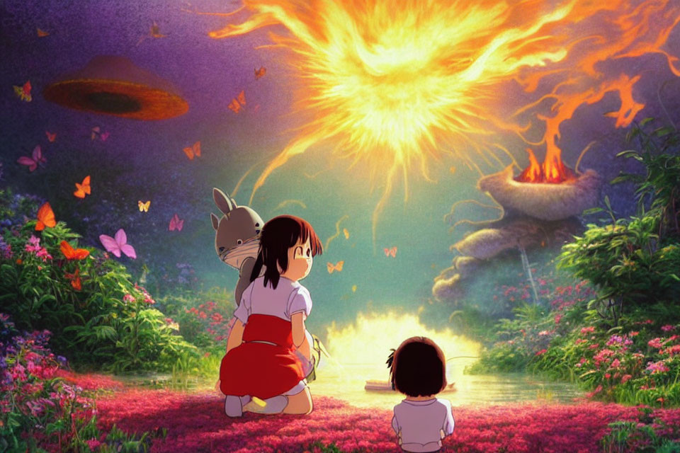 Animated children and fiery phoenix in fantastical scene.