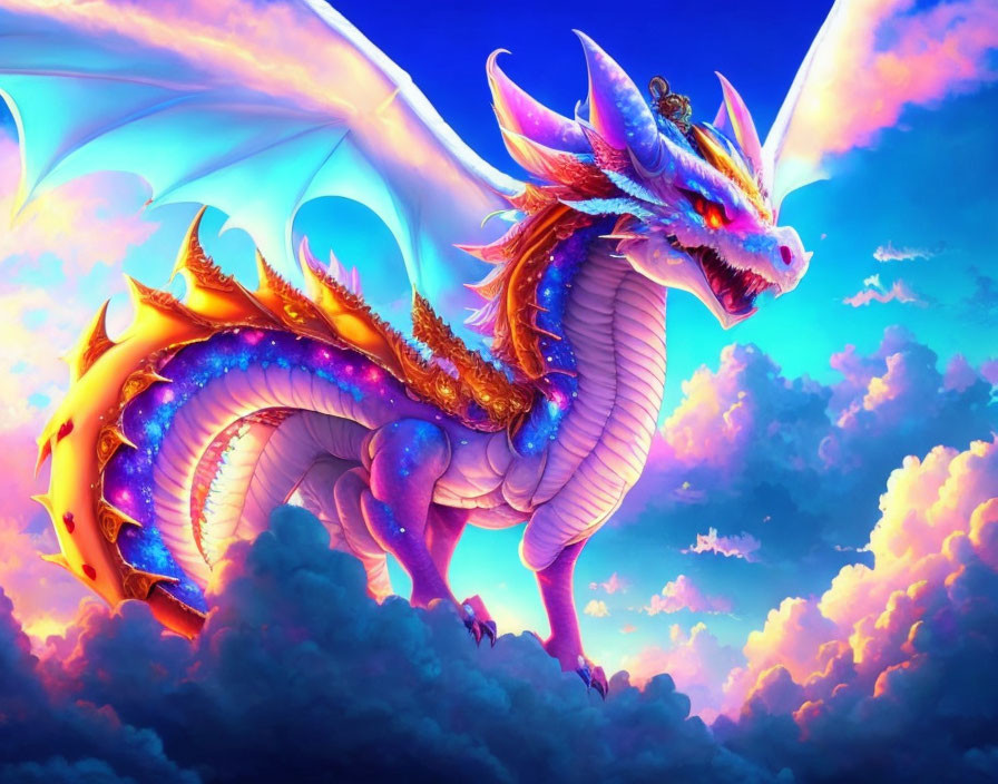 Vibrant dragon with expansive wings soaring in dramatic sunset sky