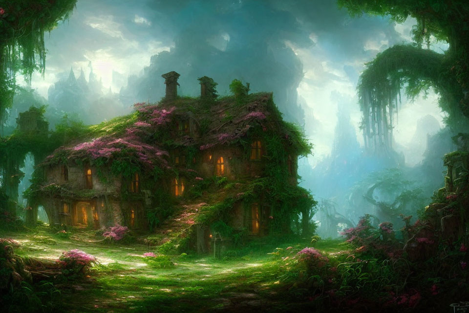 Enchanting cottage surrounded by greenery and flowers in mystical forest