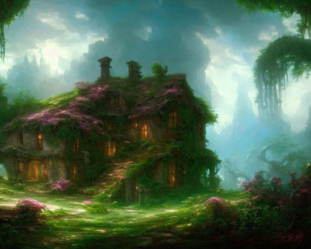 Enchanting cottage surrounded by greenery and flowers in mystical forest