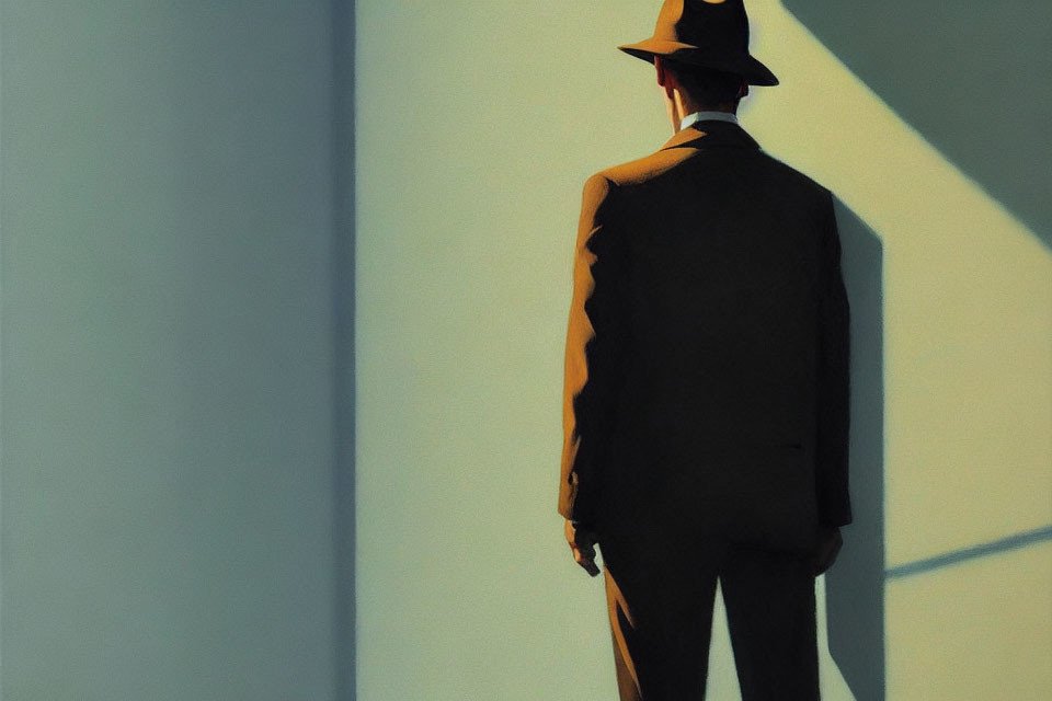 Person in Suit and Fedora Casts Long Shadow in Angular Sunlight