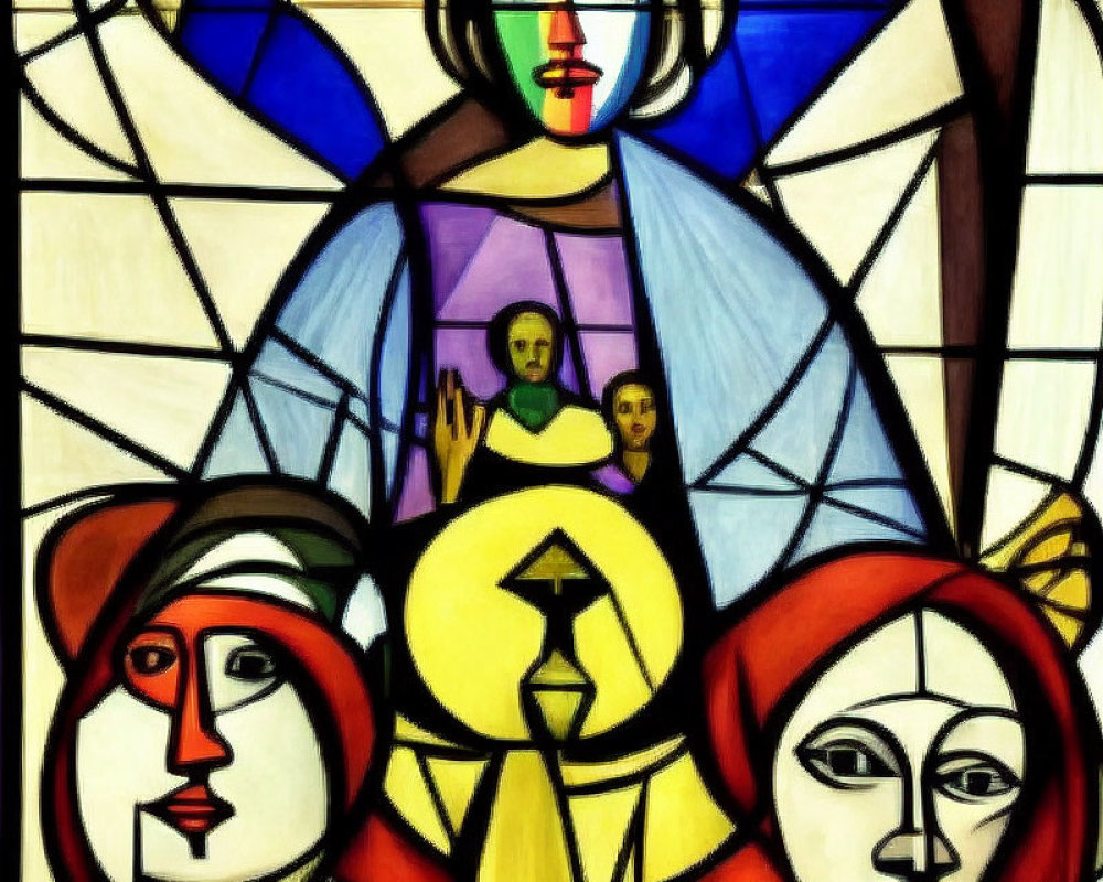 Vibrant stained glass window with abstract human figures & geometric shapes