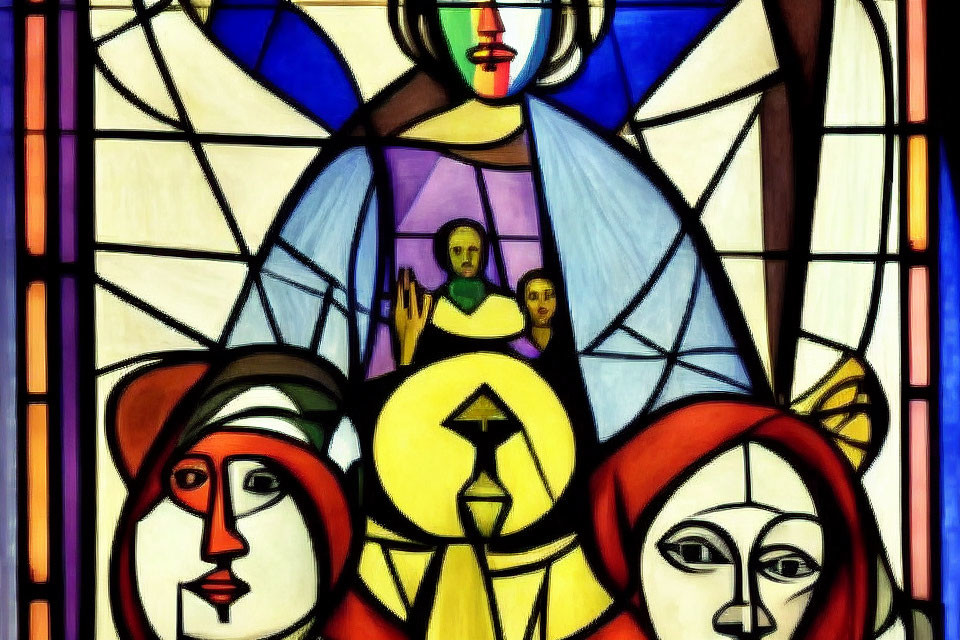 Vibrant stained glass window with abstract human figures & geometric shapes