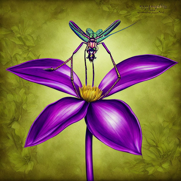 Colorful Dragonfly Resting on Purple Flower Illustration