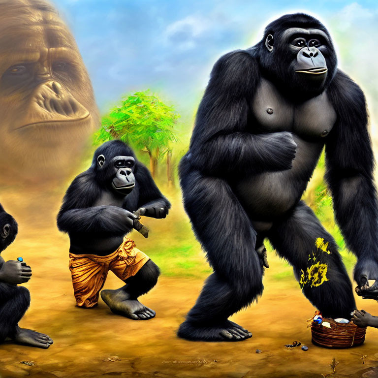 Gorillas in shorts painting, standing upright, with ghostly gorilla face background