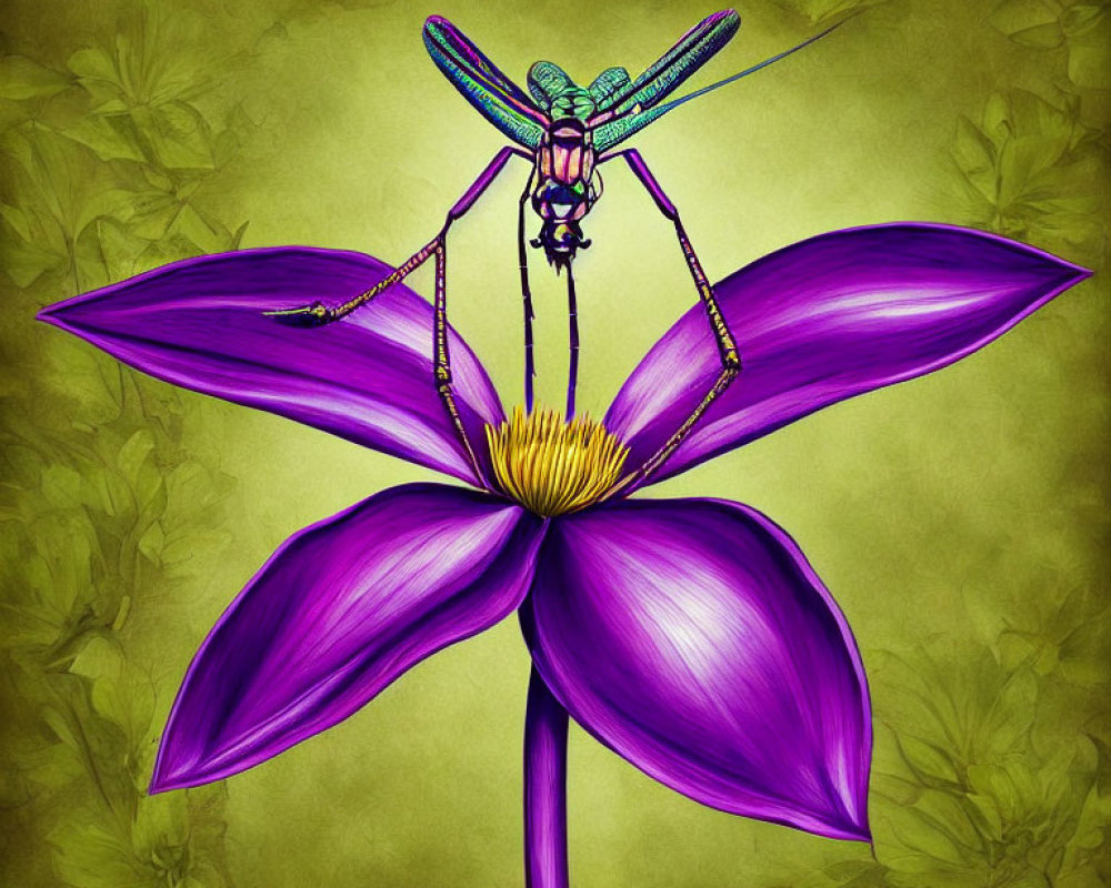 Colorful Dragonfly Resting on Purple Flower Illustration