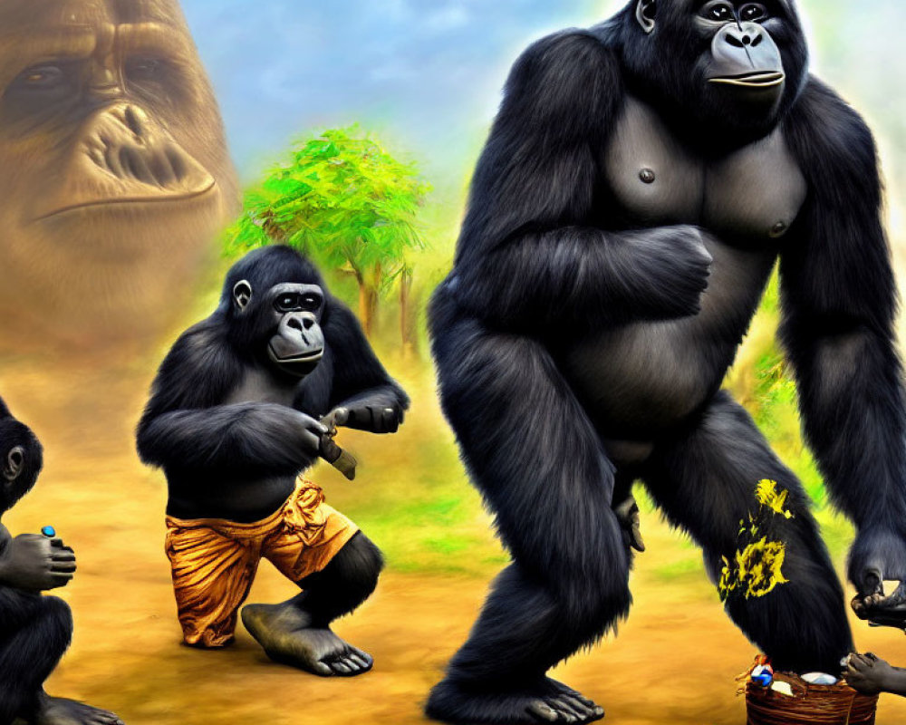 Gorillas in shorts painting, standing upright, with ghostly gorilla face background