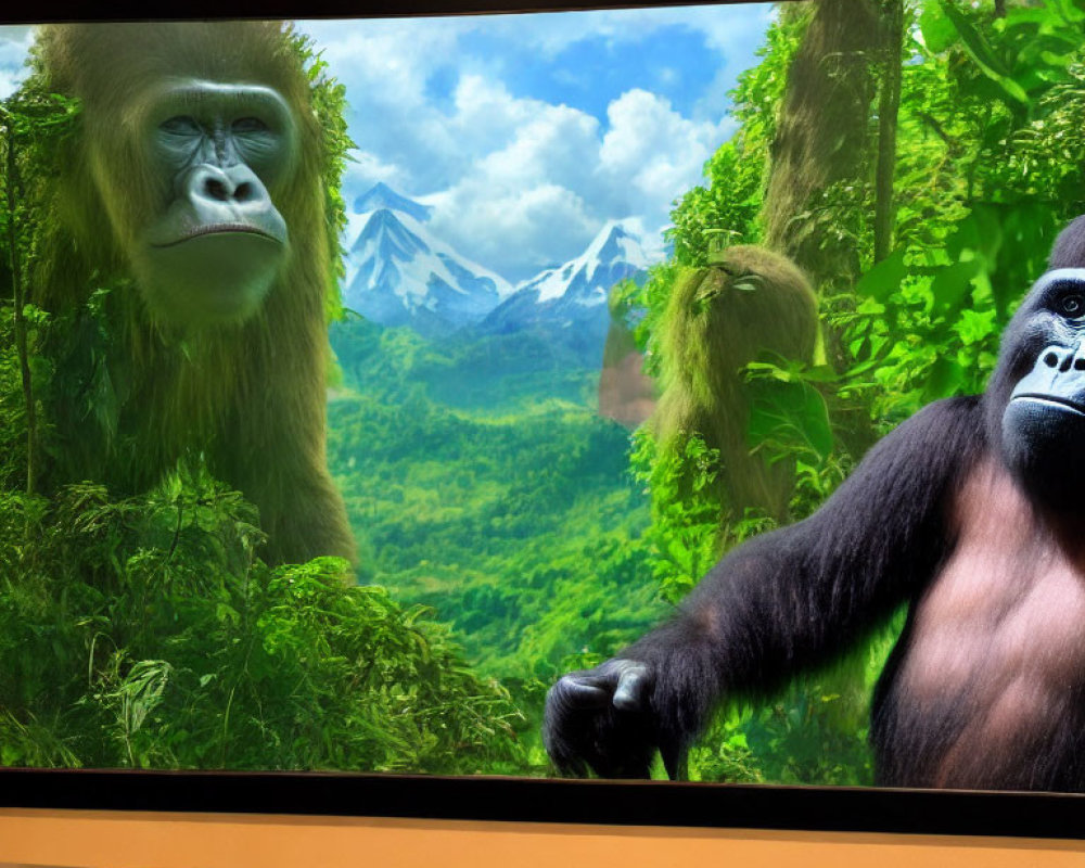 Detailed digital illustration of two gorillas in lush forest scenery