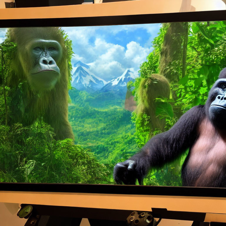 Detailed digital illustration of two gorillas in lush forest scenery