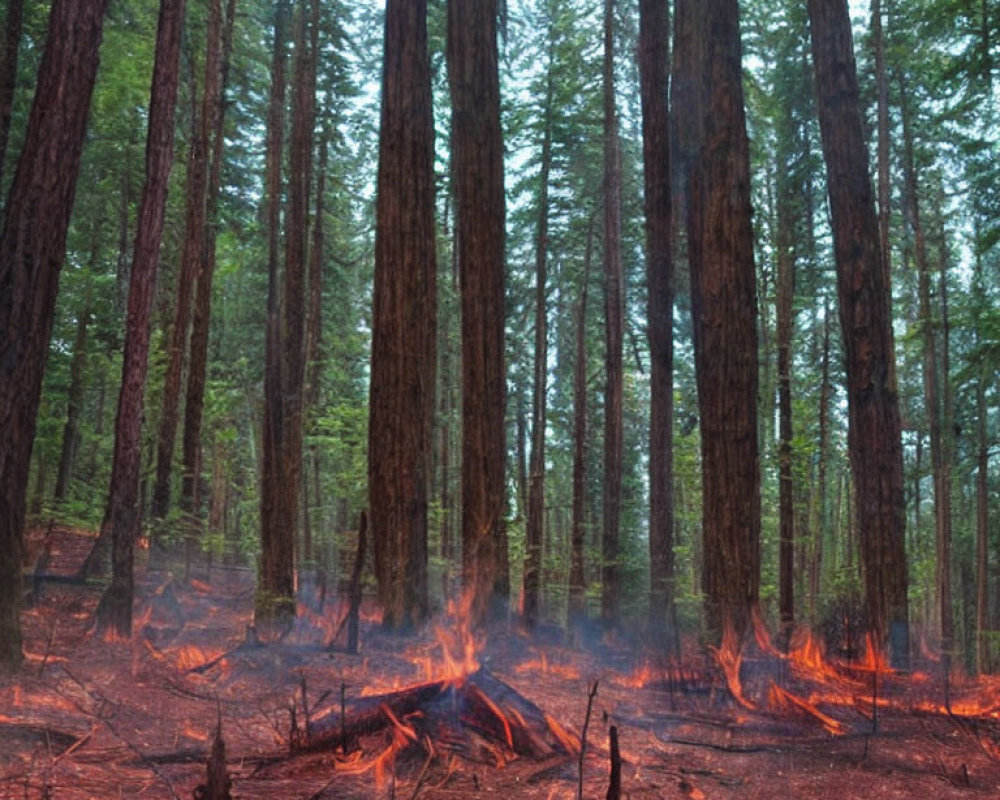 Tall Trees in Forest with Ground Fire and Smoke