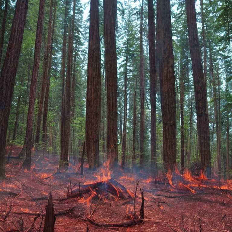 Tall Trees in Forest with Ground Fire and Smoke