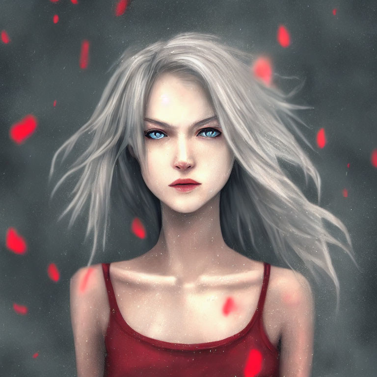 Digital portrait of woman with pale skin, blue eyes, silver hair, red top, surrounded by red