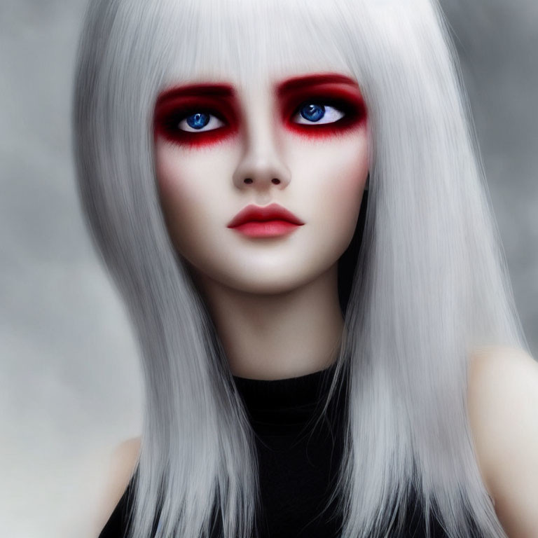 Portrait of Person with Striking Red Eye Makeup and Silver Hair