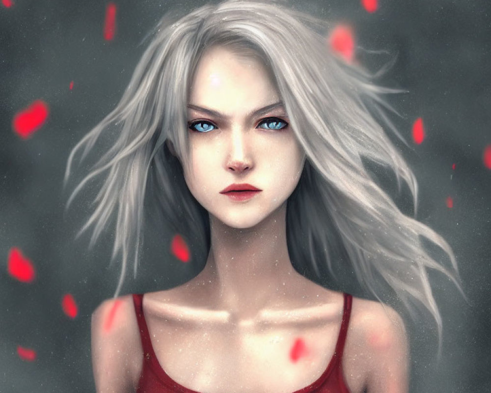 Digital portrait of woman with pale skin, blue eyes, silver hair, red top, surrounded by red