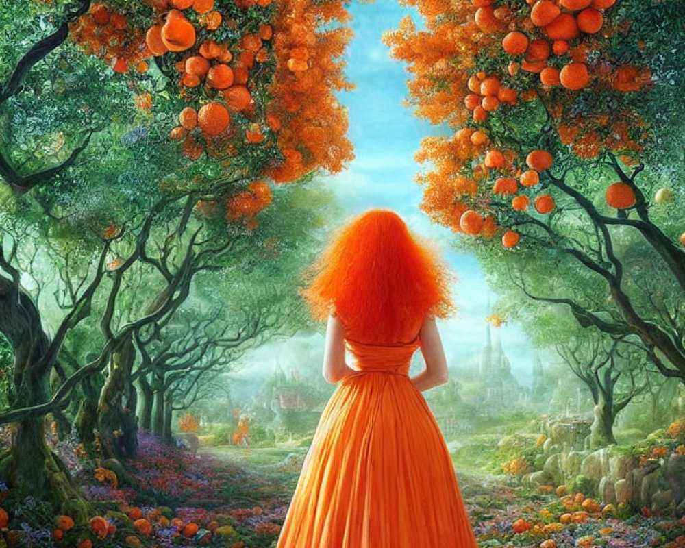 Vibrant orange-haired woman by fruit-laden tree path to castle