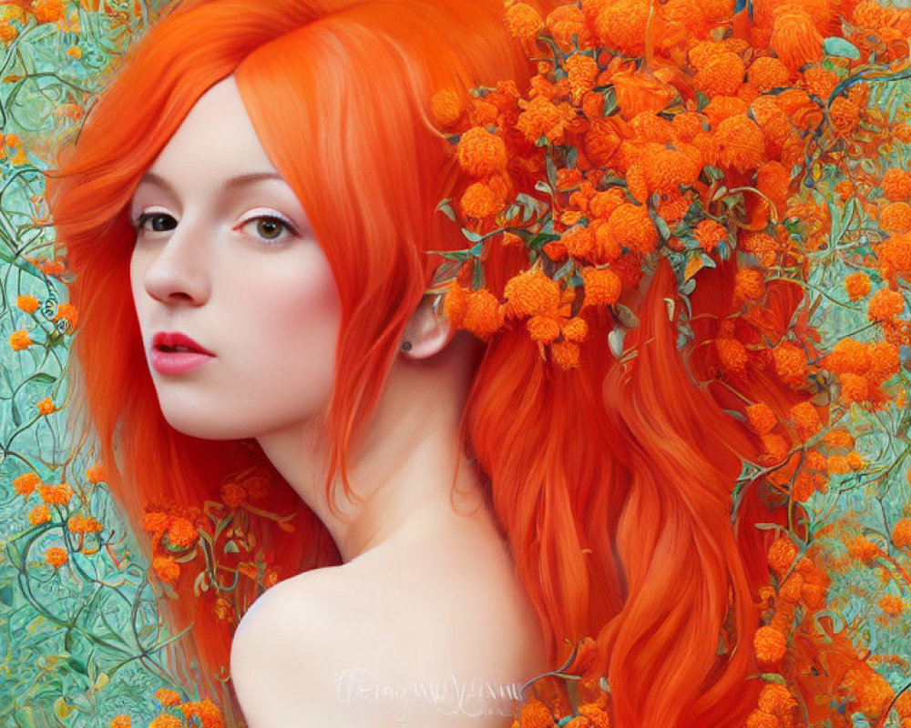Vibrant woman with orange hair among orange flowers and green leaves