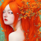 Vibrant woman with orange hair among orange flowers and green leaves
