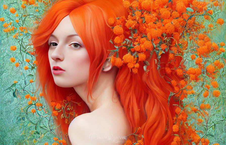 Vibrant woman with orange hair among orange flowers and green leaves