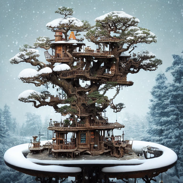 Snowy Rooftop Treehouse in Winter Landscape