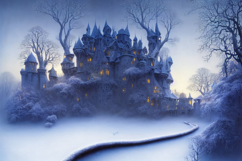 Snowy Twilight Castle with Glowing Lights and Frost-Covered Trees