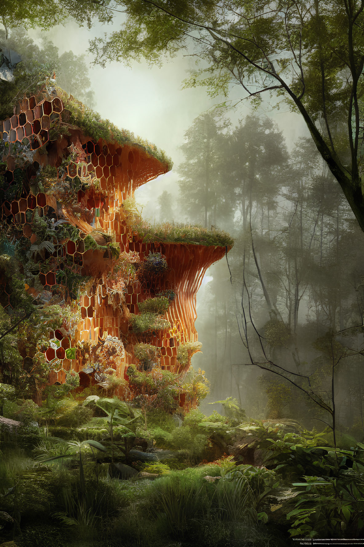 Fantastical honeycomb structure in lush forest with sunlight filtering through foliage