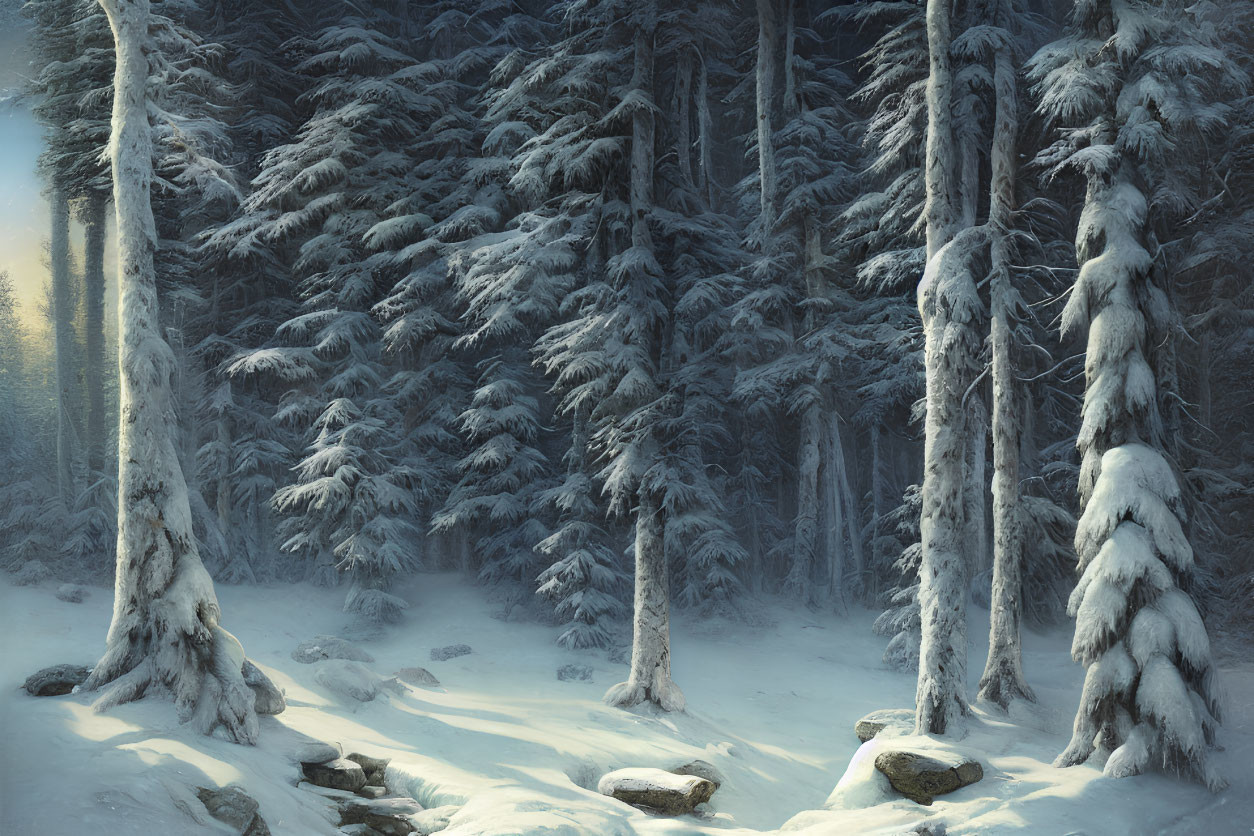 Serene winter forest scene with snow-covered pine trees and sunlight filtering through