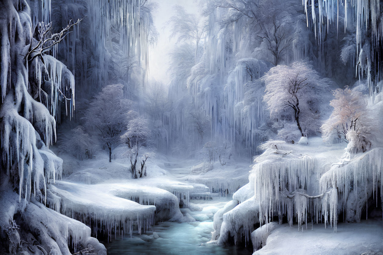 Icy Trees and Frozen Waterfalls in Winter Landscape